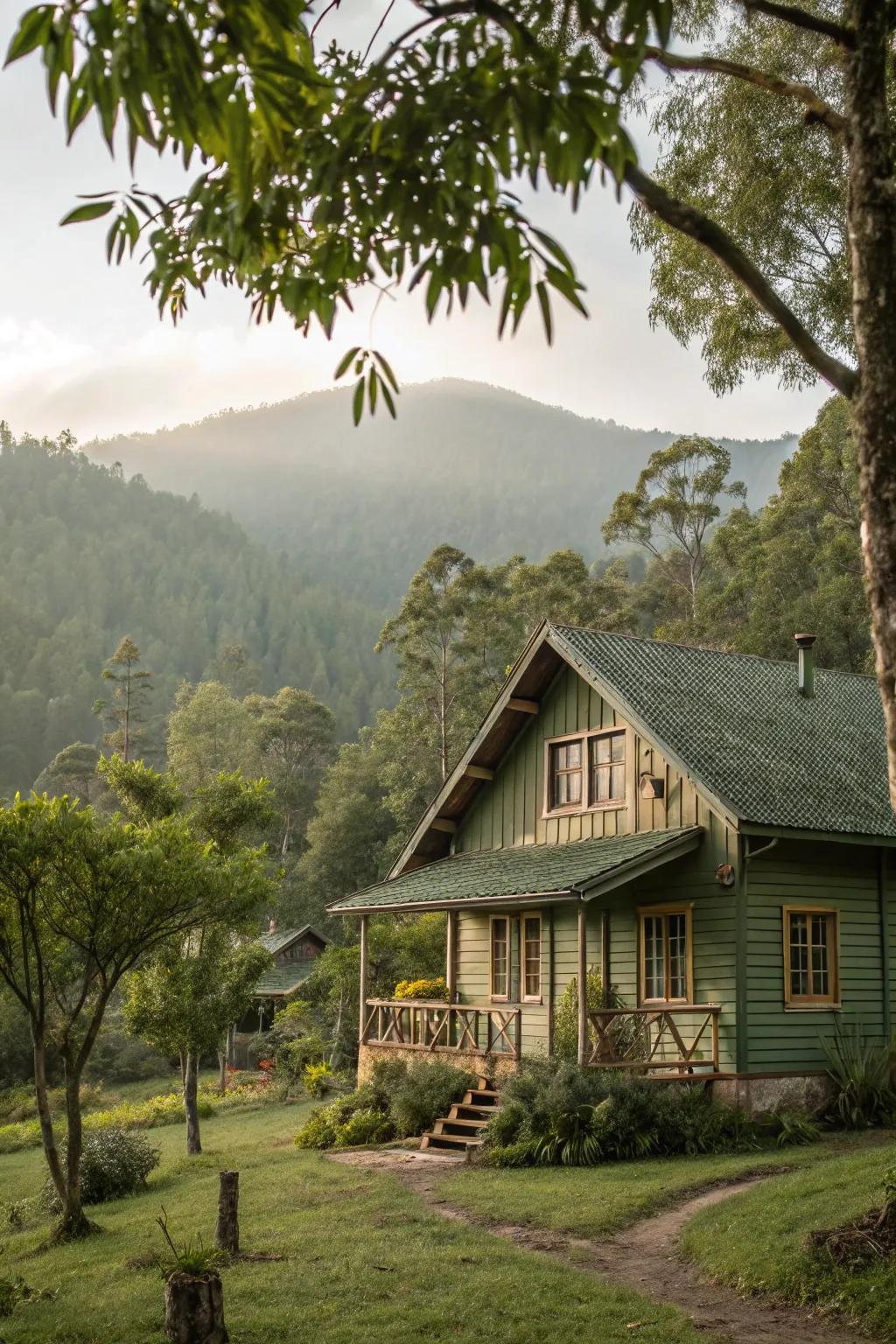 A wood home that seamlessly blends with nature using tranquil green shades.