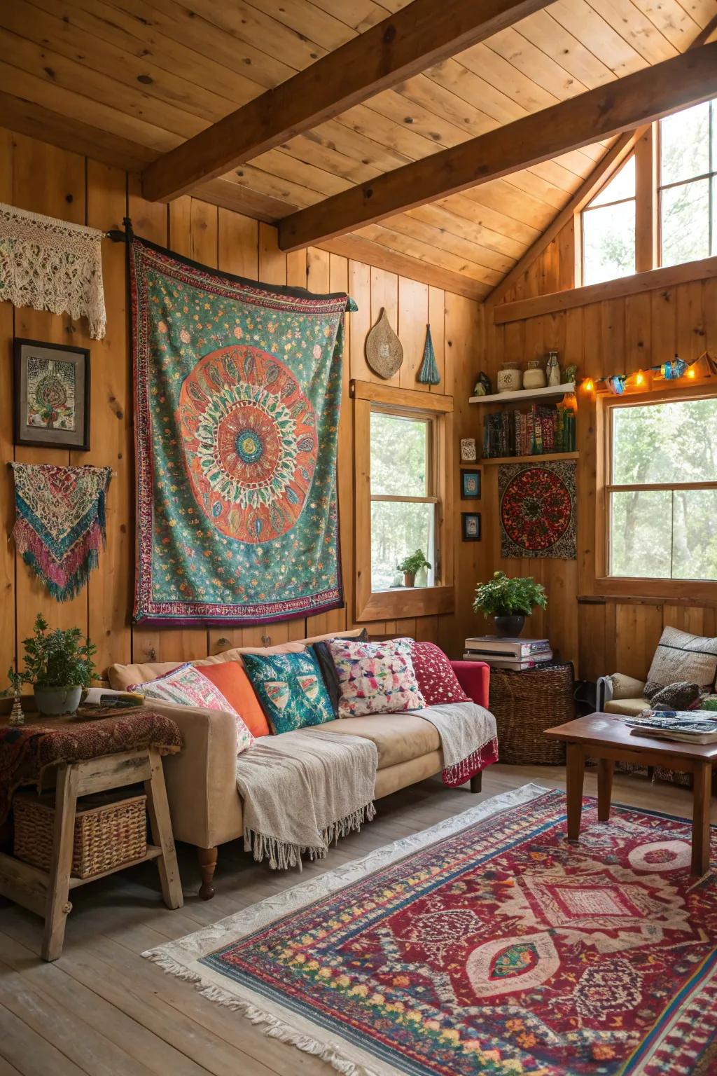 Wood layering enhances comfort within varied bohemian decor.