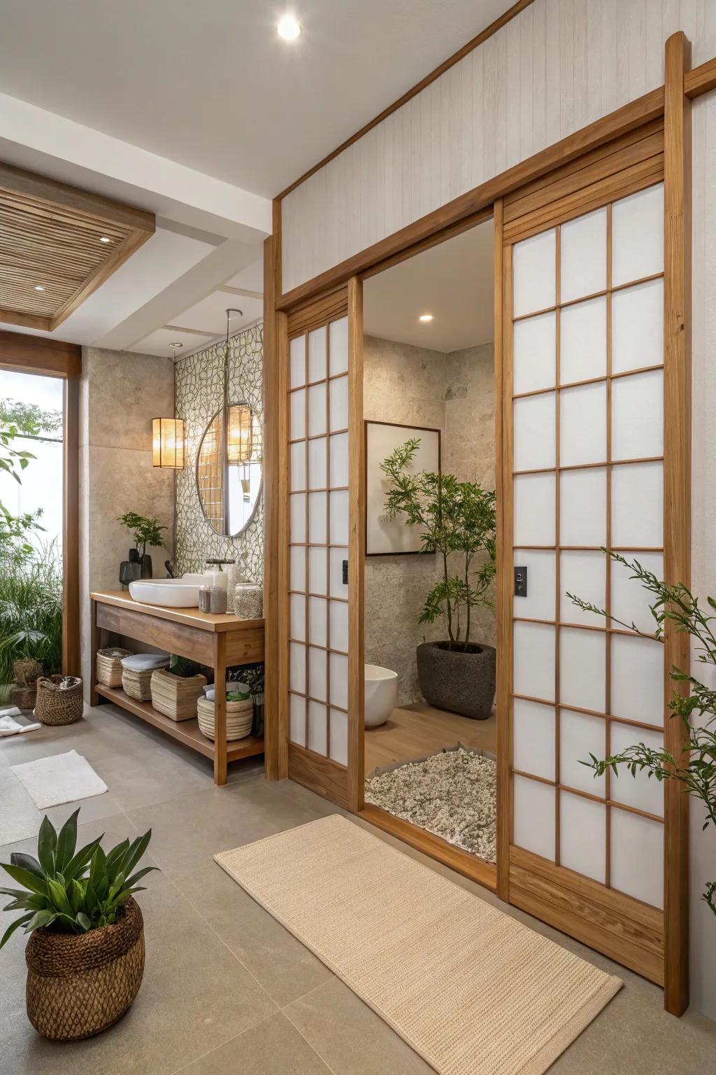 Shoji-inspired timber entrances supply a serene and balanced bathroom layout.
