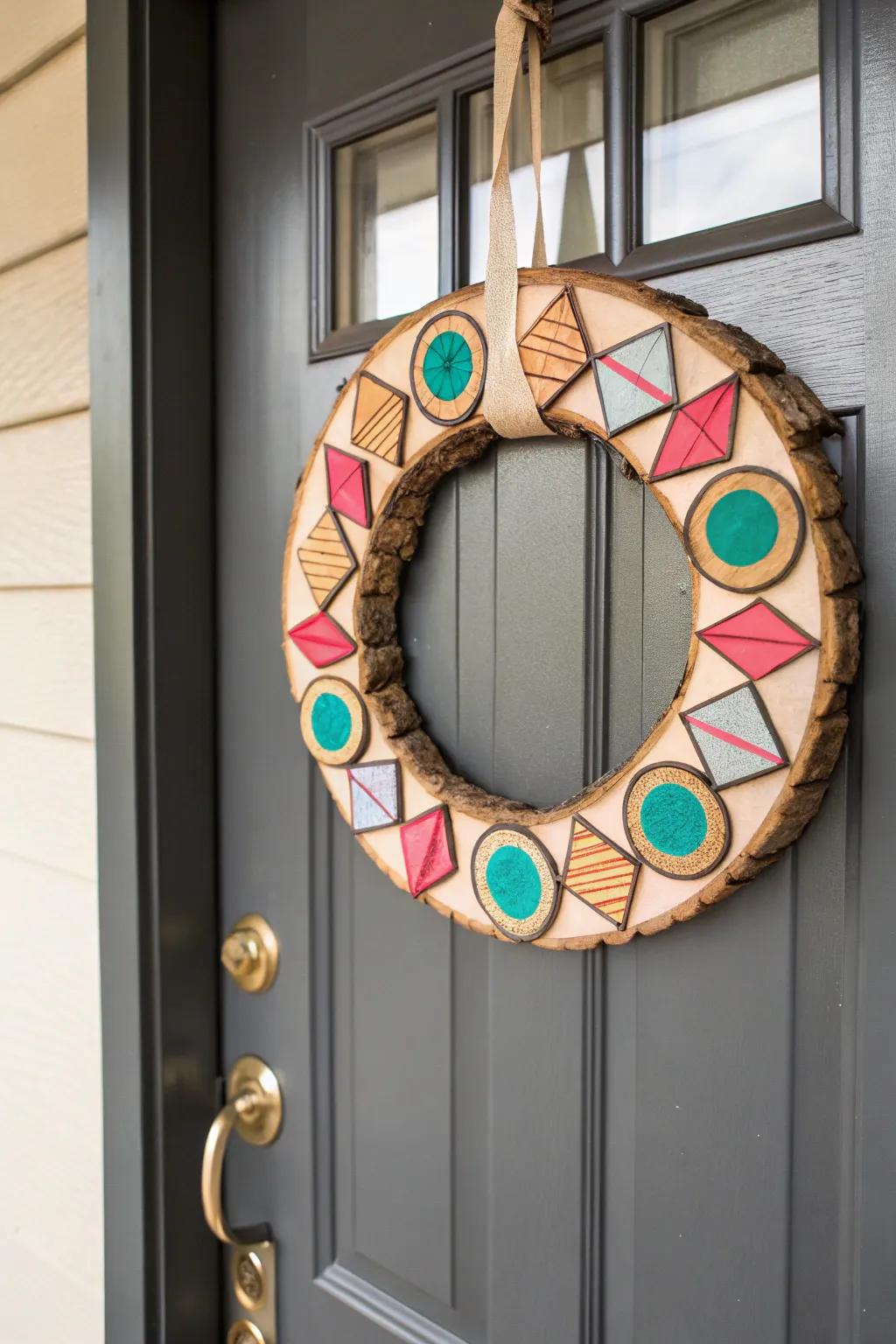 Modern Wooden Disc Wreath with Geometric Features conveys a polished style.