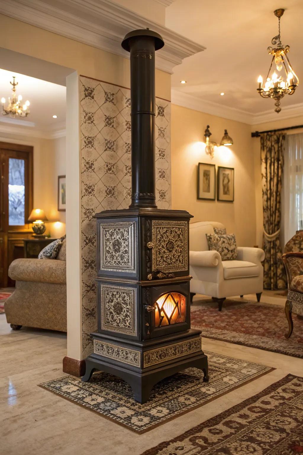 Art Deco tiles infuse glamour and opulence into your wood burner area.