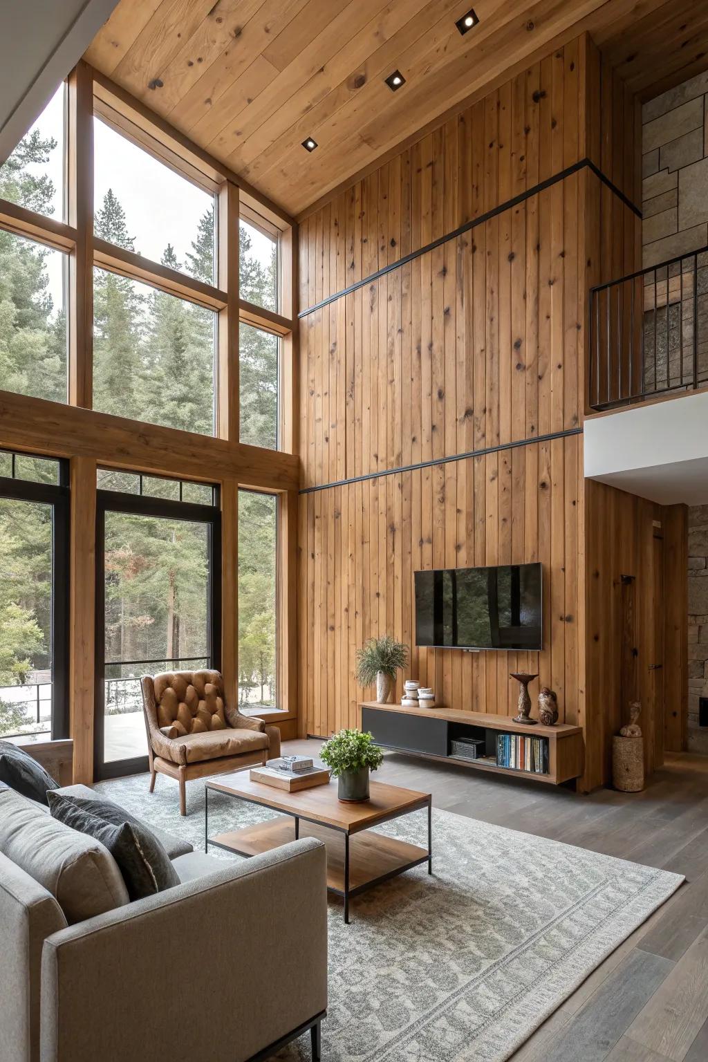 A living room with shape-making wood panels.