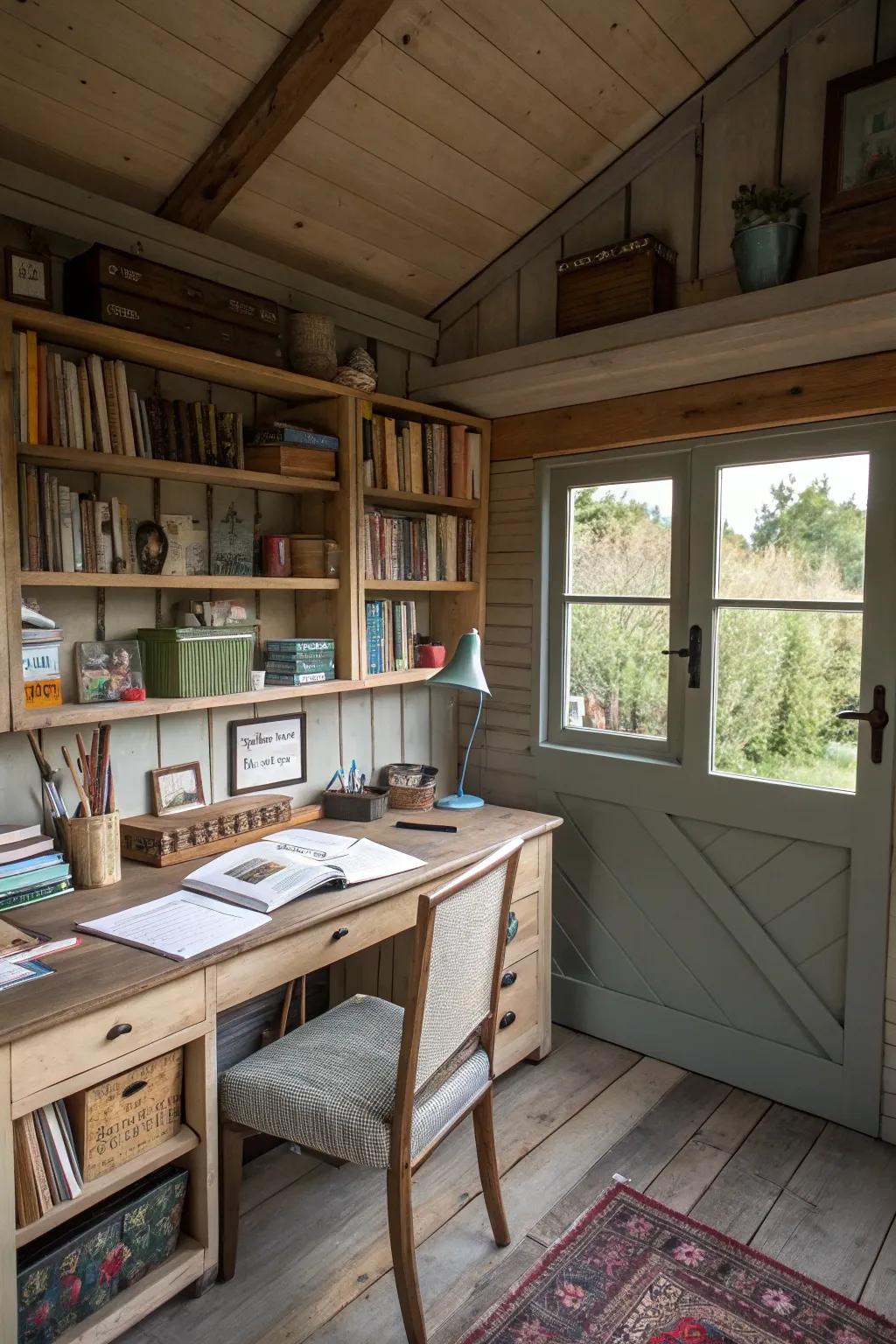 A writing shed styled with functional decor to optimize space utilization.