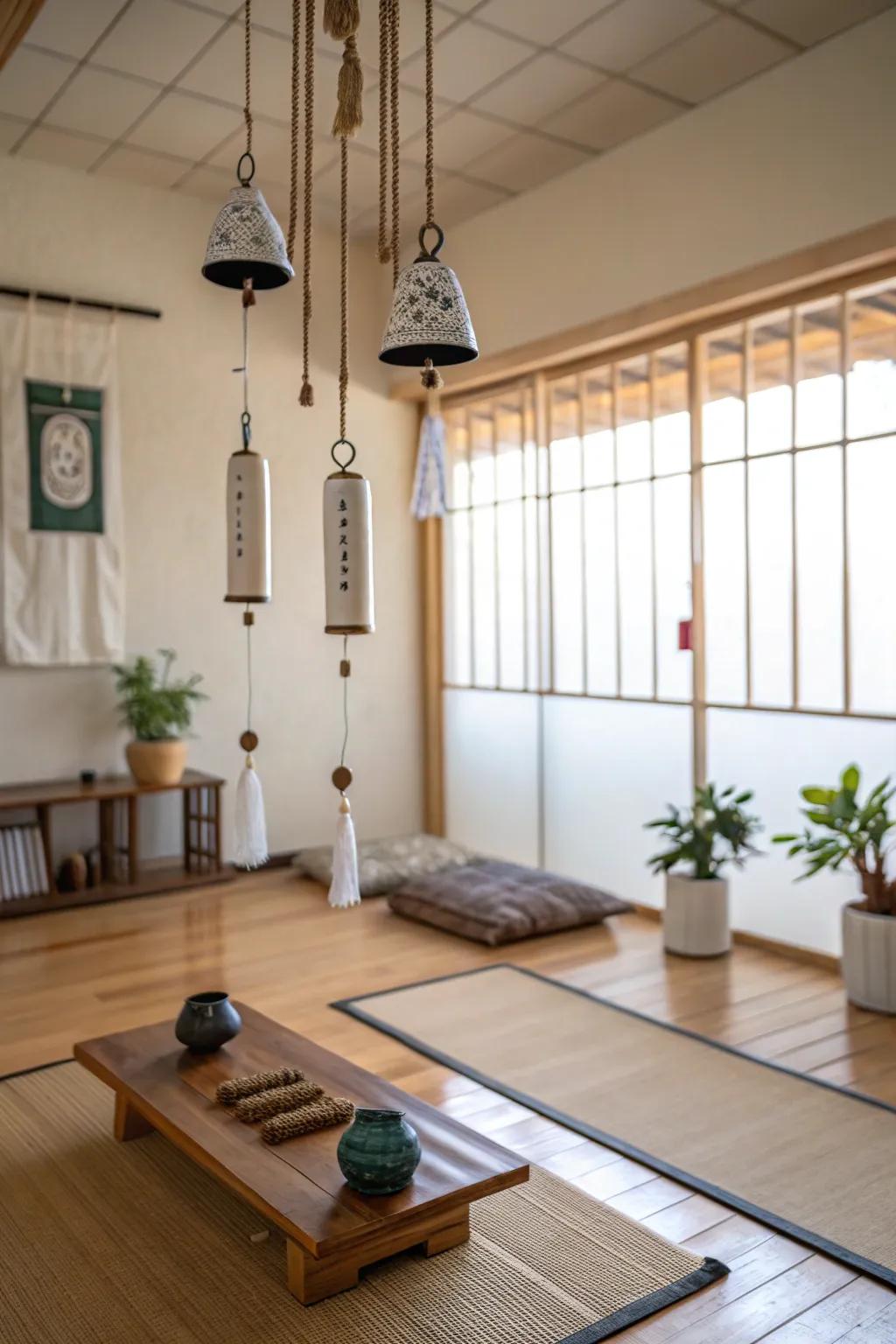 Active elements like wind chimes add dynamic energy.