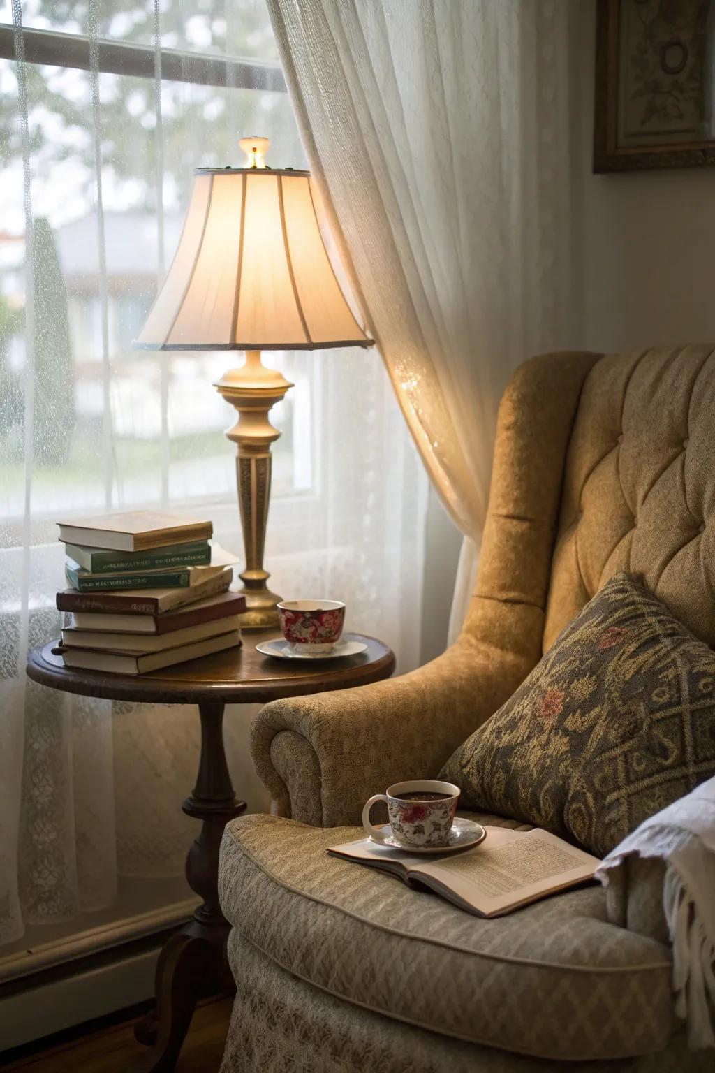 A reading alcove provides a snug spot for serene contemplation.