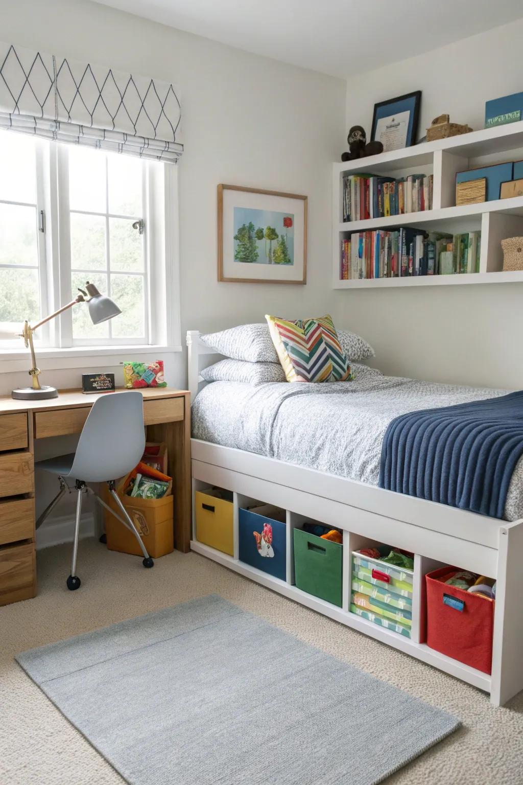 Beneath-the-bed storage maintains a boy's space neat and orderly.