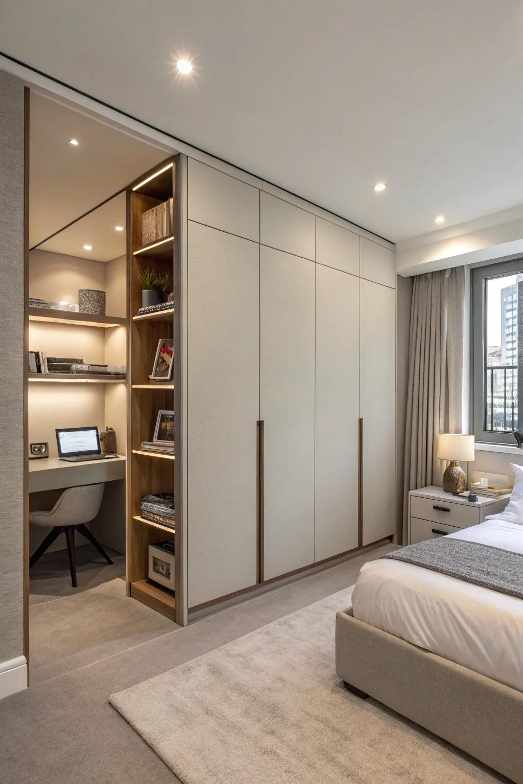 Hidden wall compartments keep your bedroom organized.