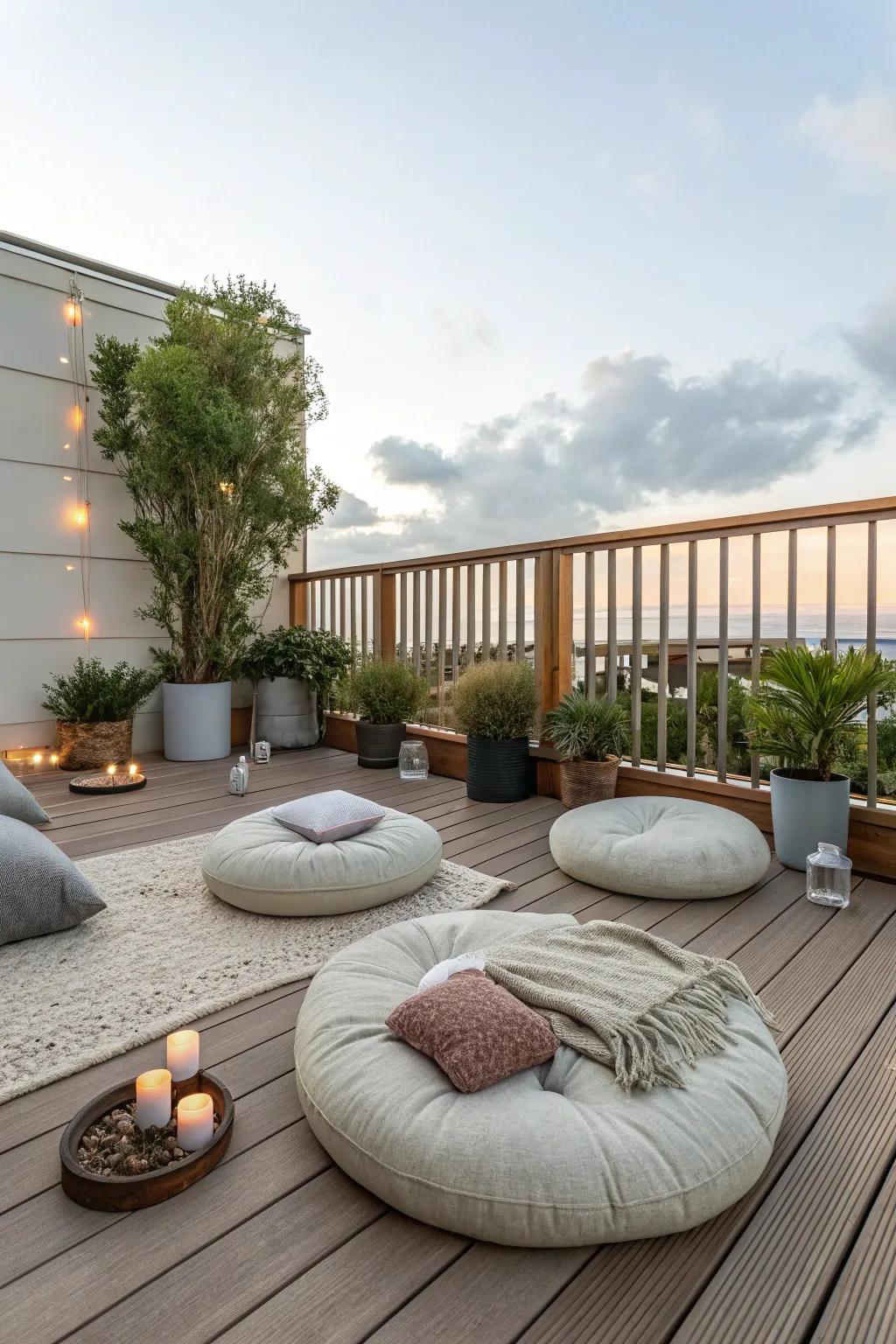 A Zen space on the deck furnishing a sanctuary for rejuvenation.