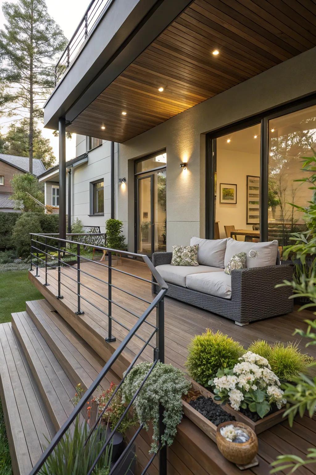 Blending textures infuses depth into a modern porch design.