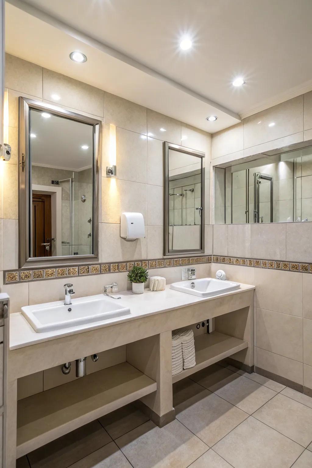 Strategically placed reflectors can amplify light and area in small washrooms.