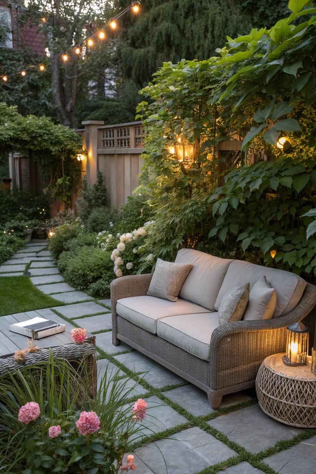 A zen nook furnishes a serene escape at a garden gathering.