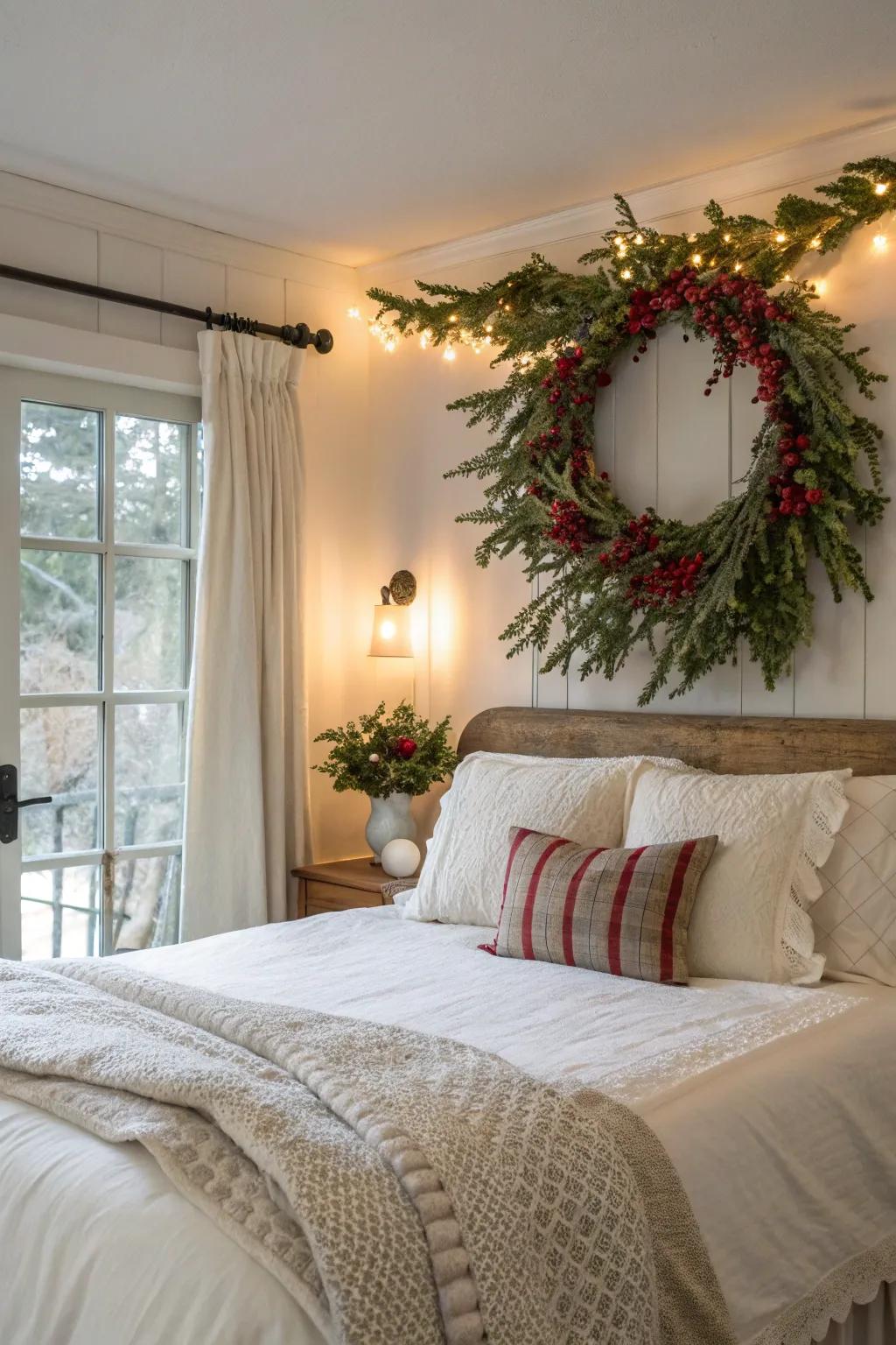 The décor is kept fresh and appealing above the bed with seasonal garlands.