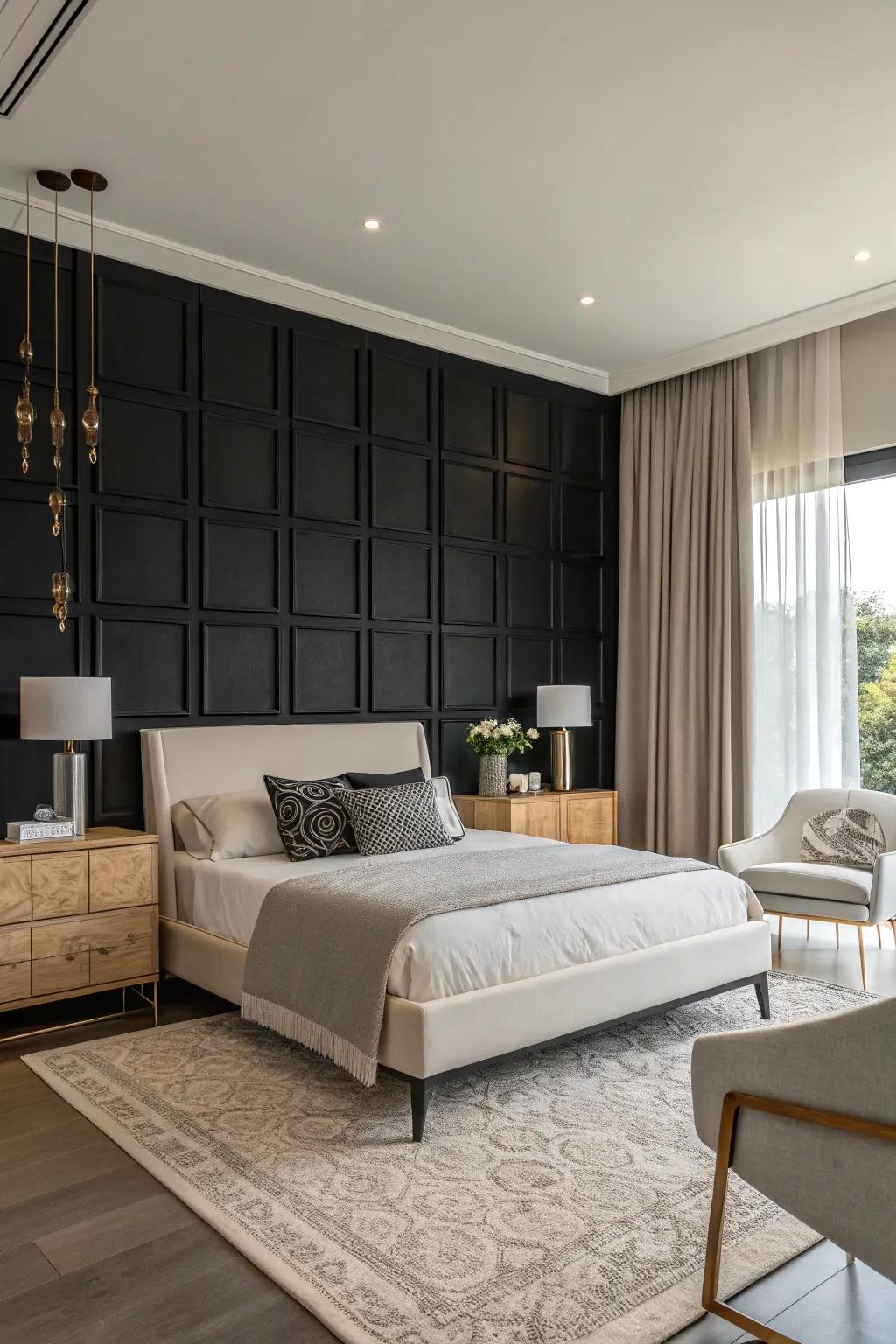A black accent wall introduces striking contrast and sophistication to the bedroom.