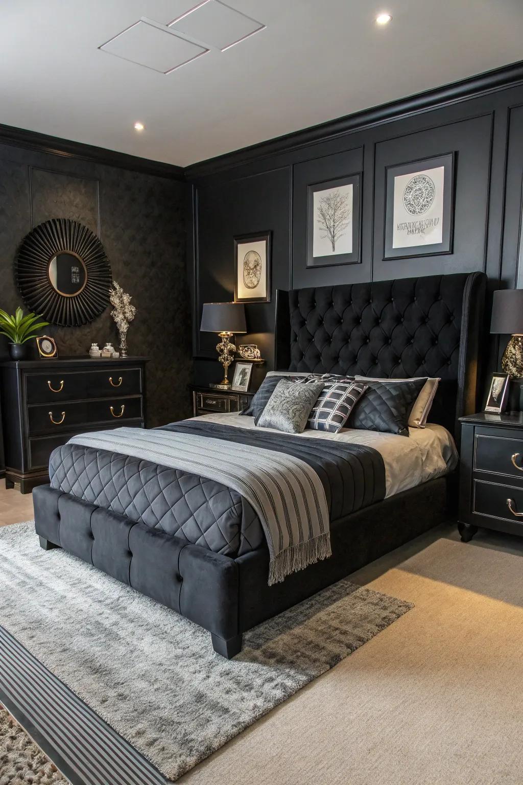 A charcoal boudoir exhibiting a striking feature divan as the centerpiece.