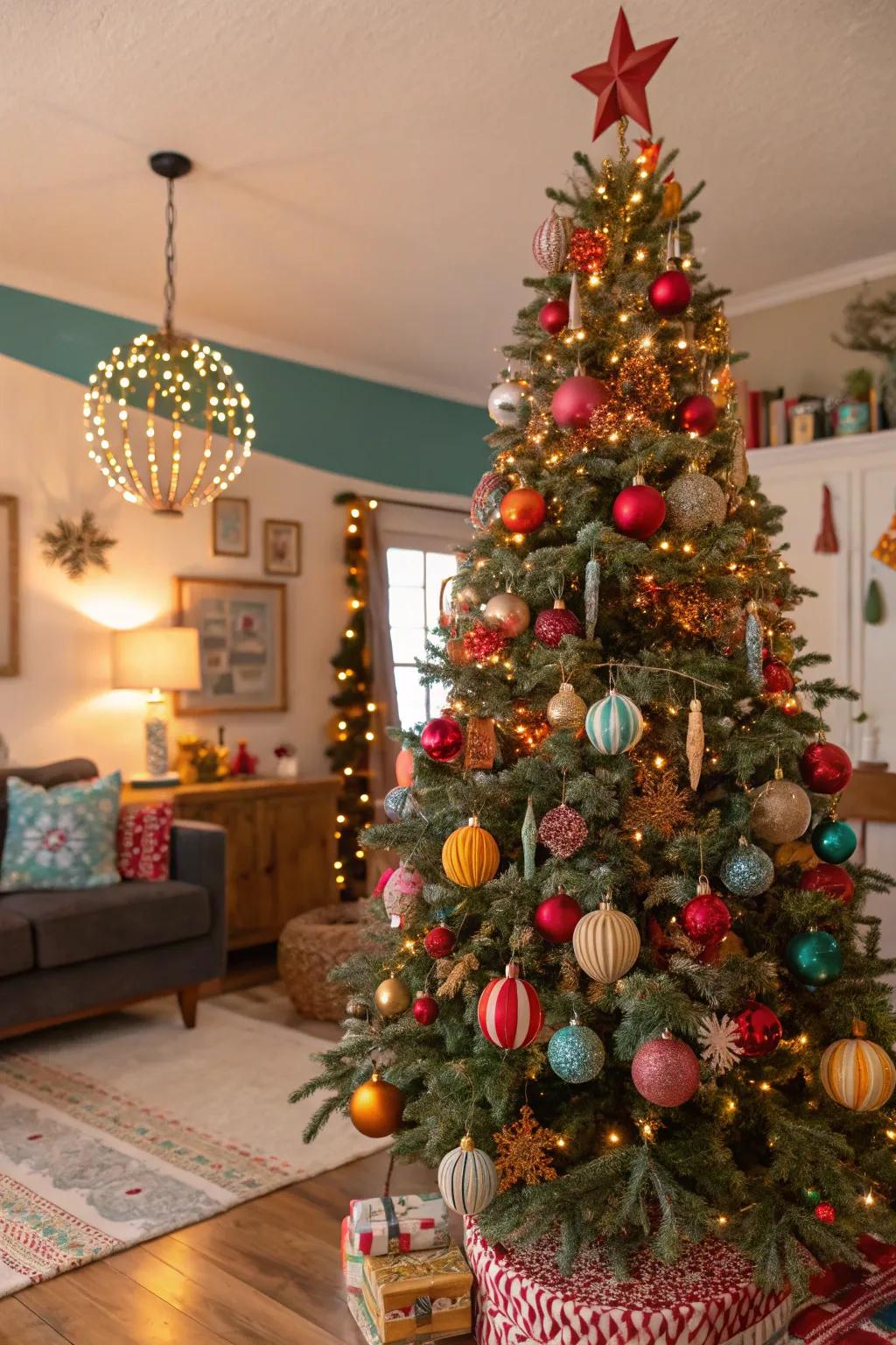 An eclectic Christmas tree that displays a unique mixture of aesthetics and hues.