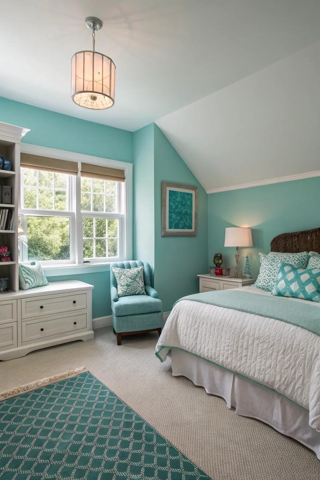 Different sea shades establish distinct zones in the bedroom.