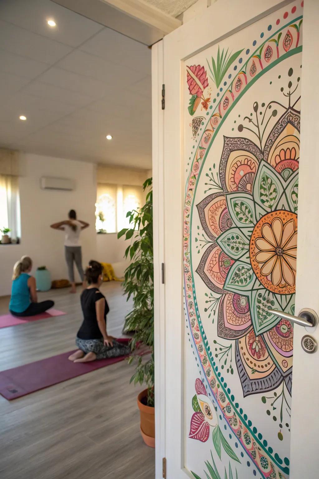 A sacred circle-decorated door that enhances tranquility and focus.