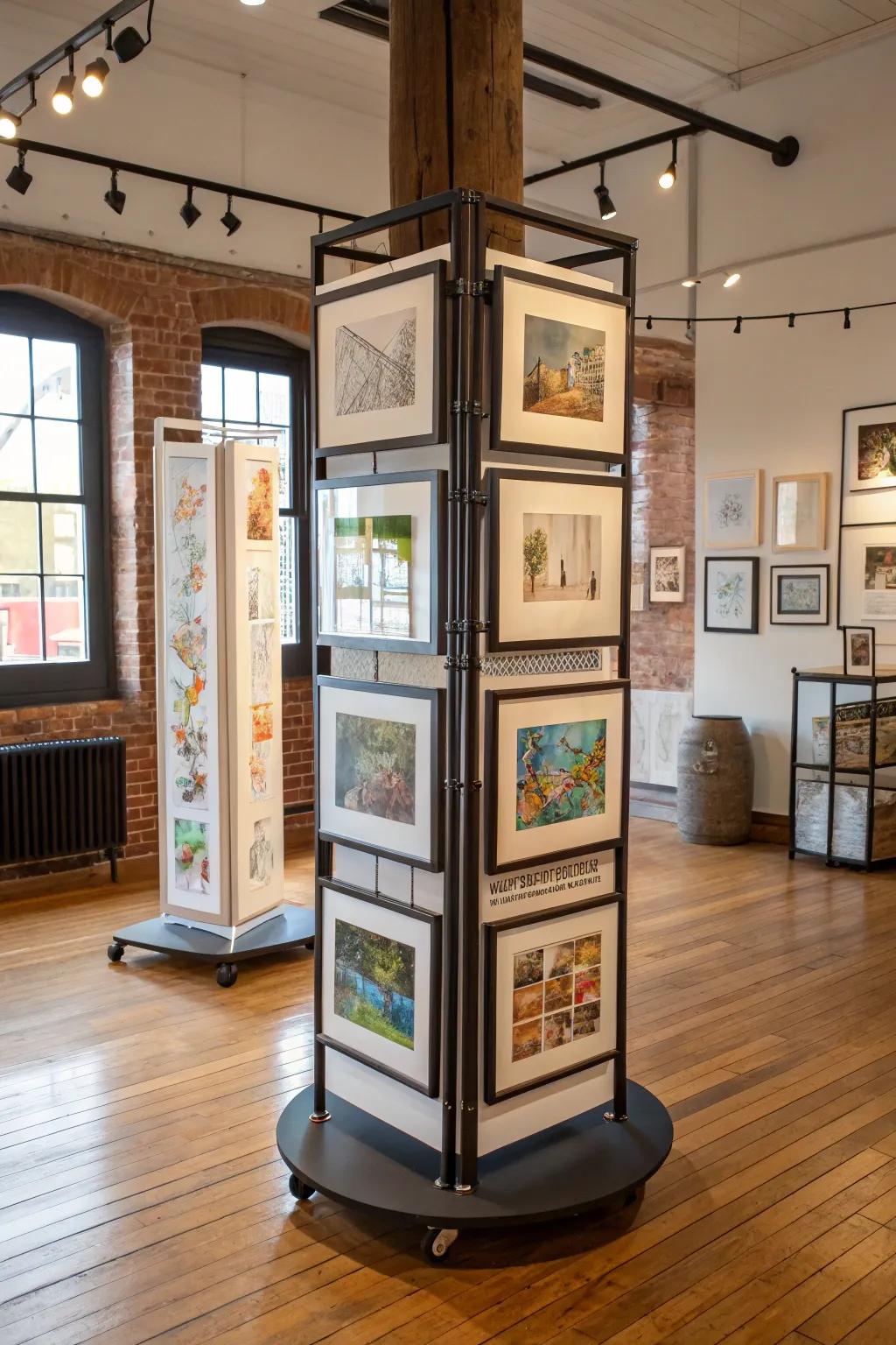 A rotational exhibit system for art prints, ideal for maintaining components invigorated.