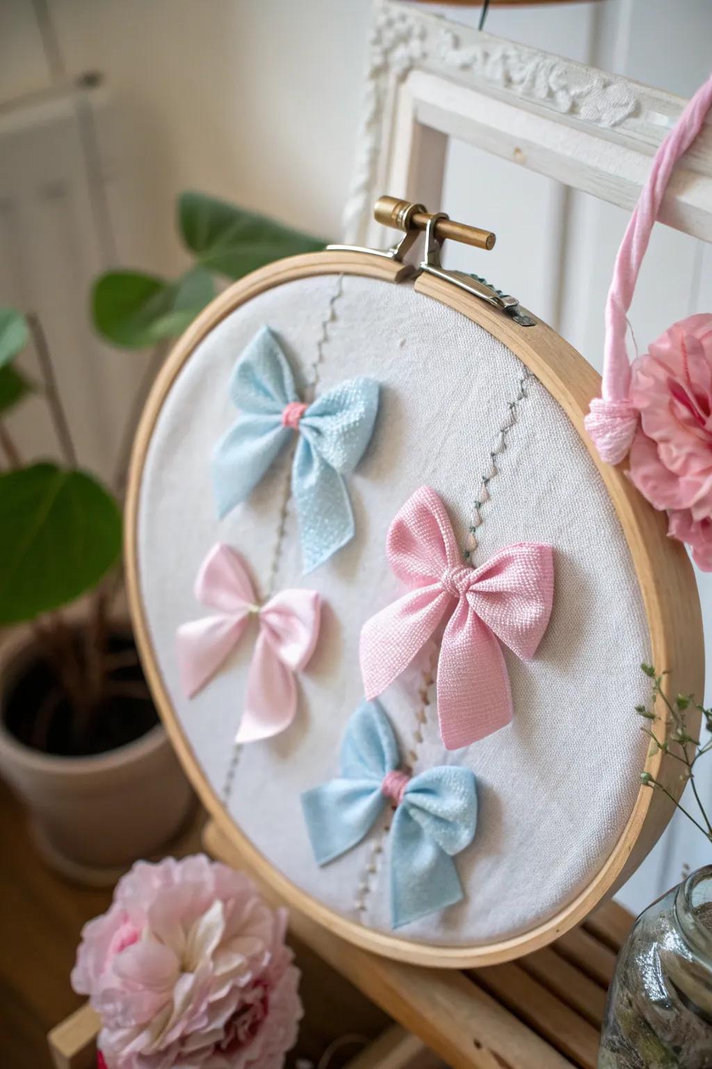 Playful embroidery hoop holders for baby bows.