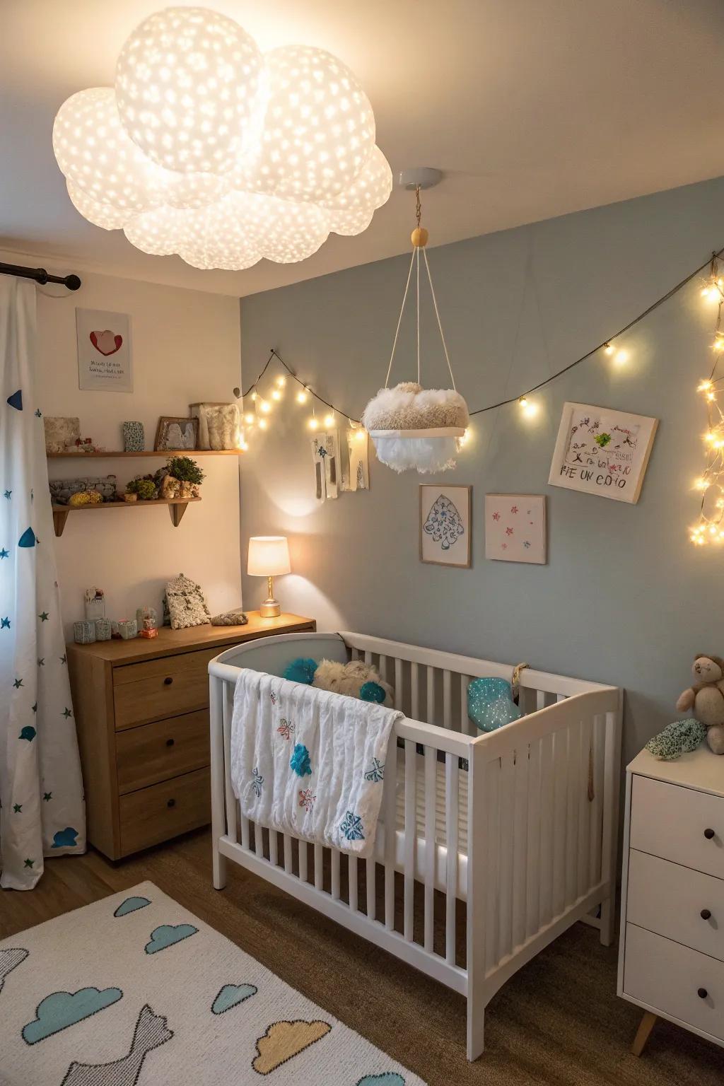Lighting fixtures themed for enchantment infuse a magical feel into the nursery.