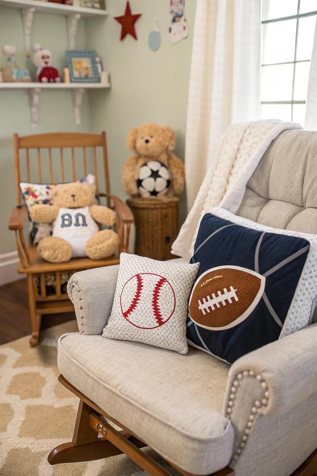 Sports cushions add comfort and thematic consistency to the nursery.