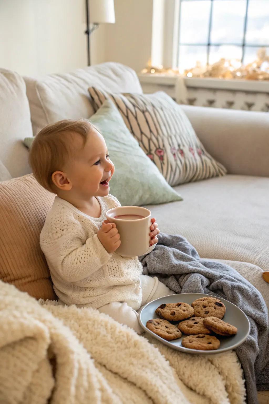 Warm cocoa-and-bites moments in a festive setting.