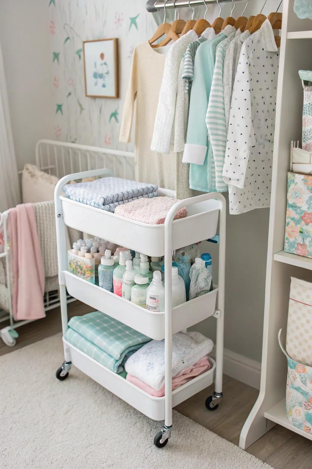 Rolling carts provide flexible storage for baby essentials.