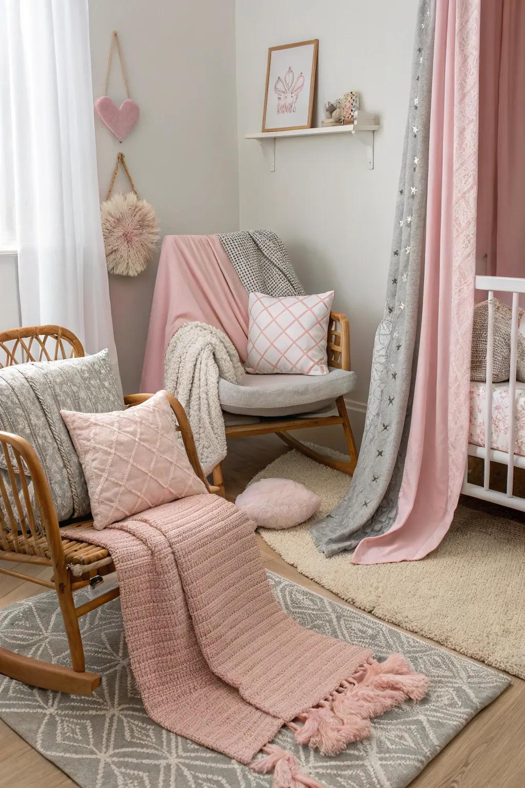 Layered fabrics append warmth and solace to the nursery.
