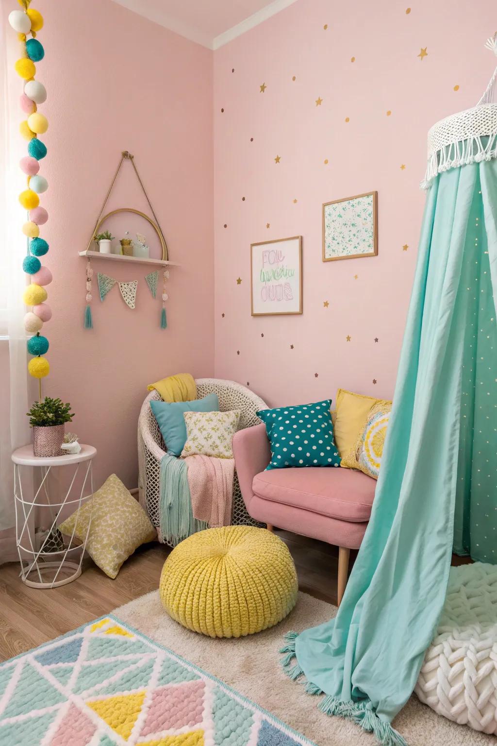 Pastel contrasts with rose-tinted fashion a delicate, dynamic palette.