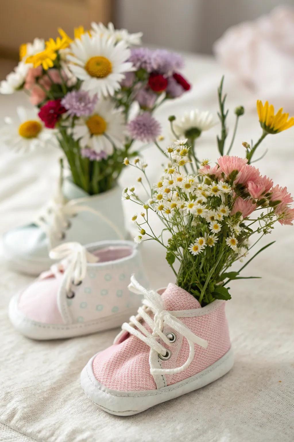 Infant footwear reconfigured into vases affords a distinct element.