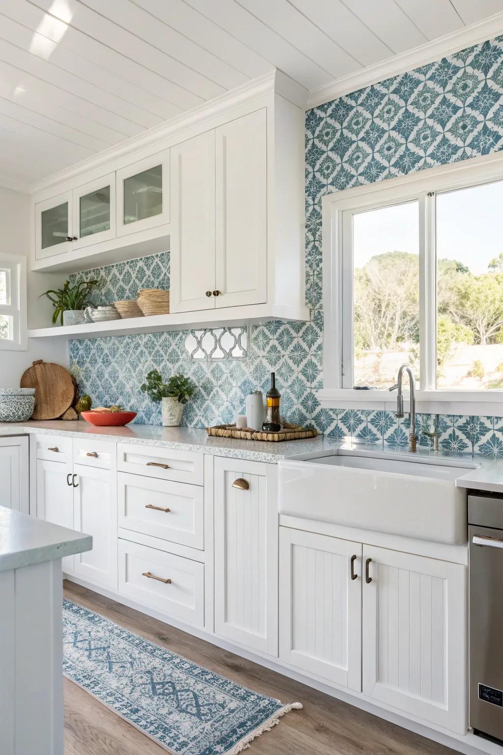 Shore shades channel a beachside vibe into this white kitchen.