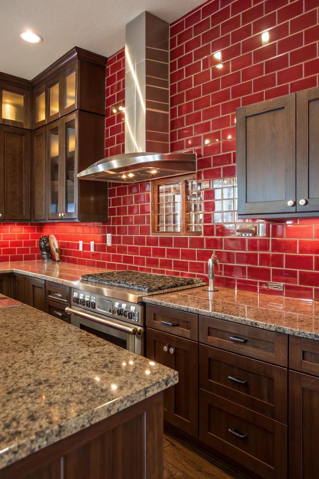 Daring red tiles establish a striking touch with fantasy brown granite.