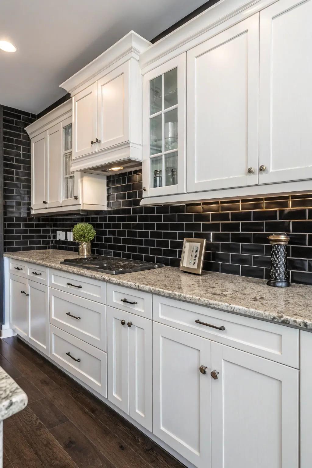 The striking contrast of black tiles gives the space a dramatic and elegant touch.