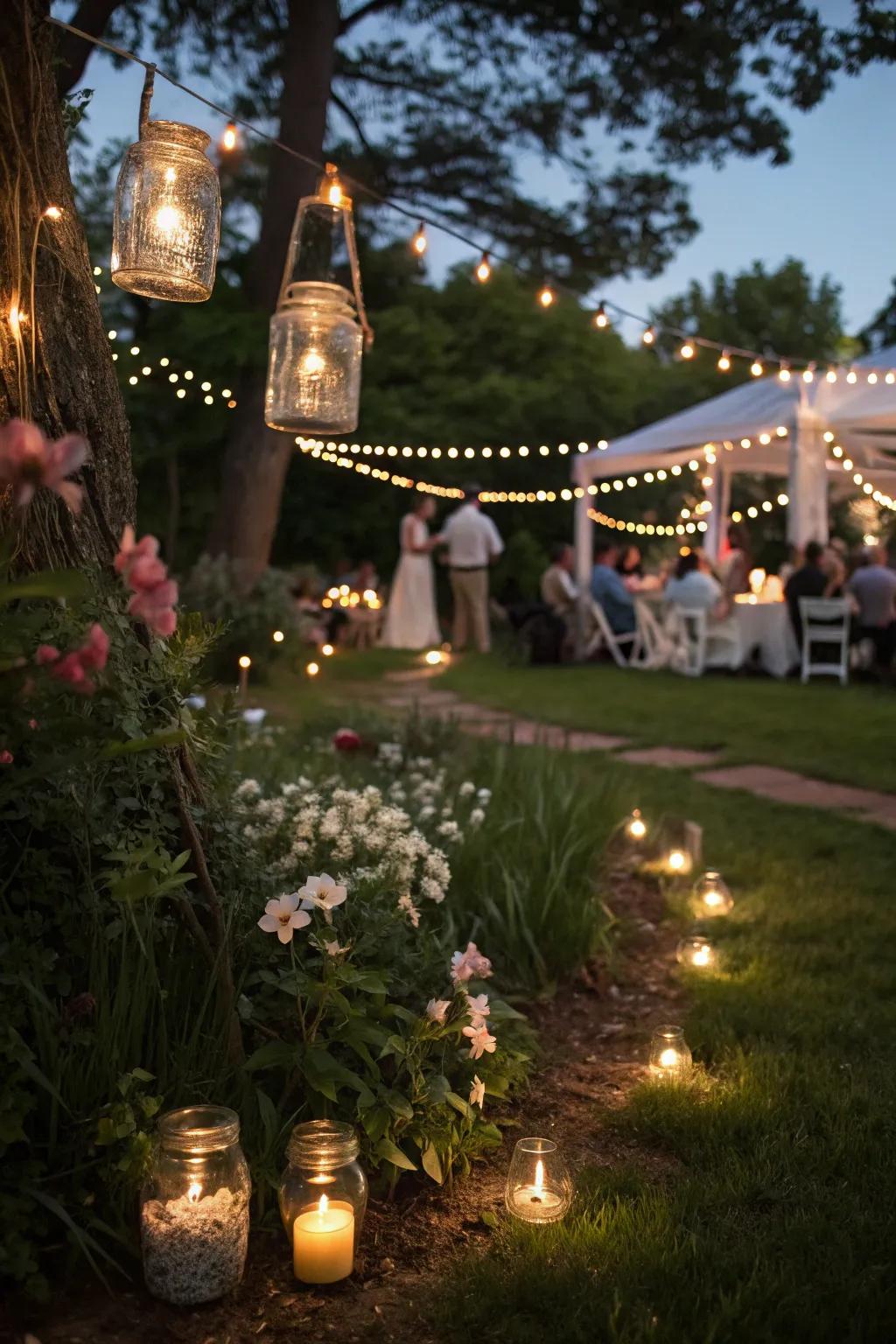 Preservation jar luminaries cast a rustic radiance over the garden celebration.