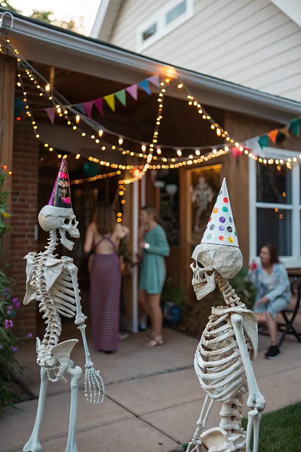 Skeletal greeters impart a humorous and spooky welcome for your guests.