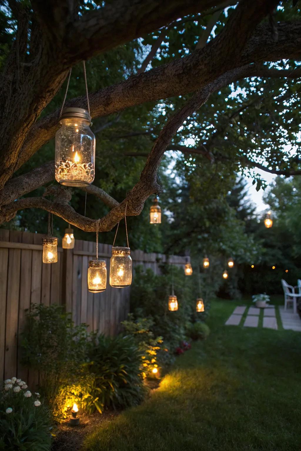 Firefly glass jar lights contribute an evocative and magical charm.