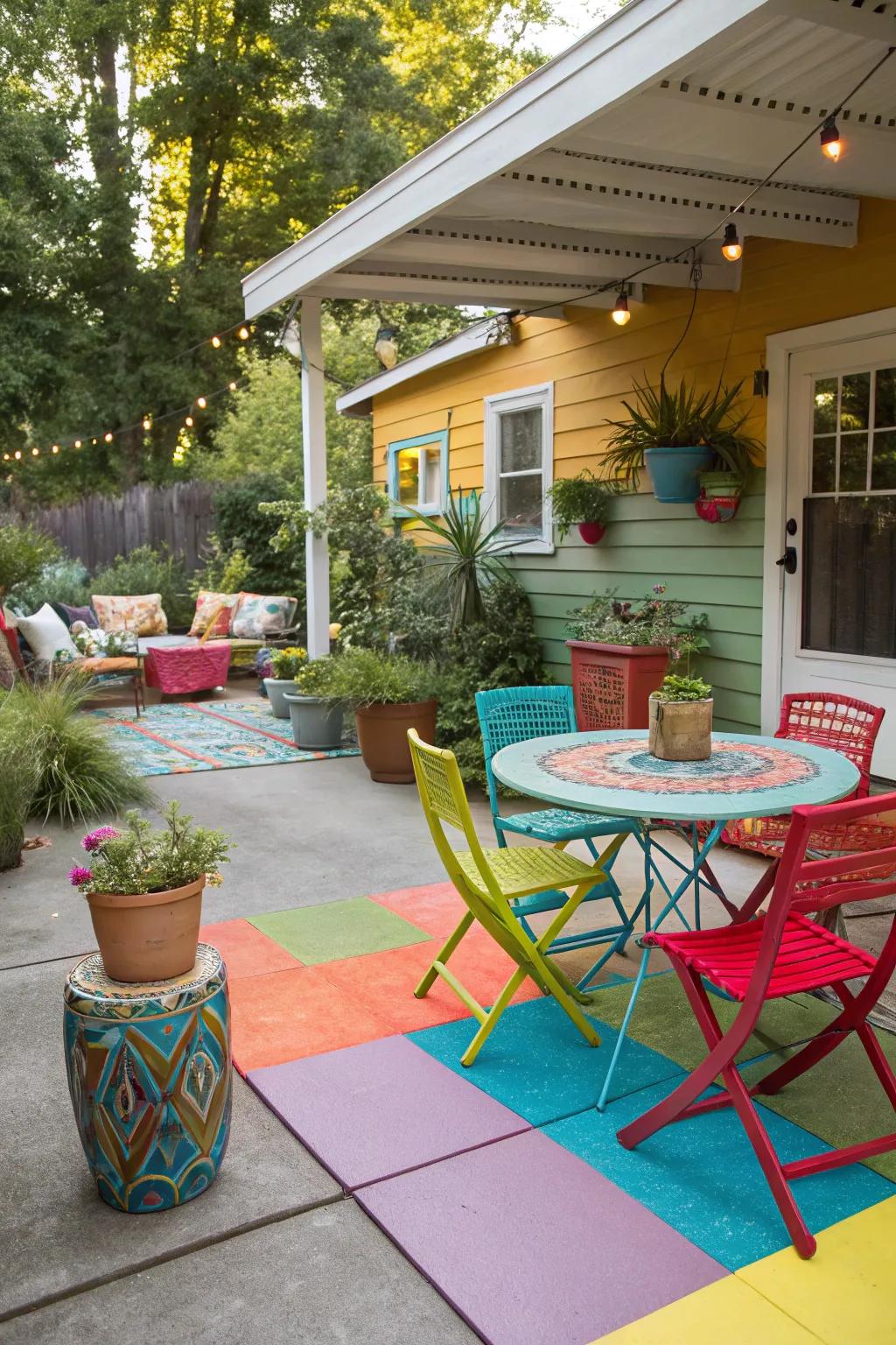 Painted concrete proffers a colorful and creative patio flooring option.