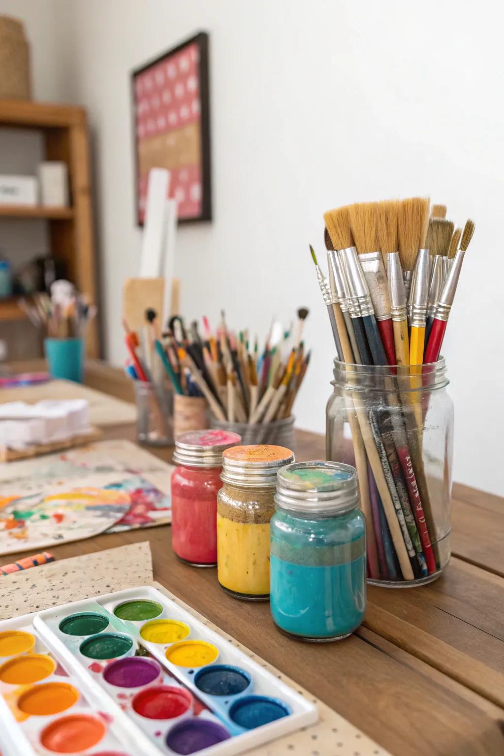 Creative art supply holders fashioned from preserving containers keep supplies tidy.