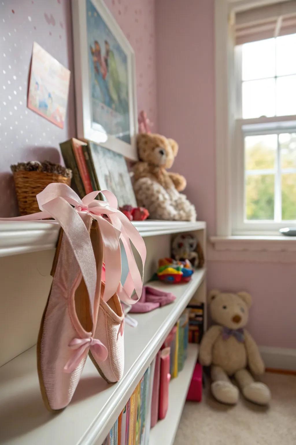 Ballet shoe embellishments discreetly enhance the theme.