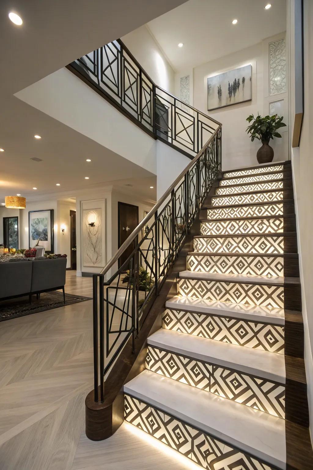 Artistic essence with geometric motif banisters.
