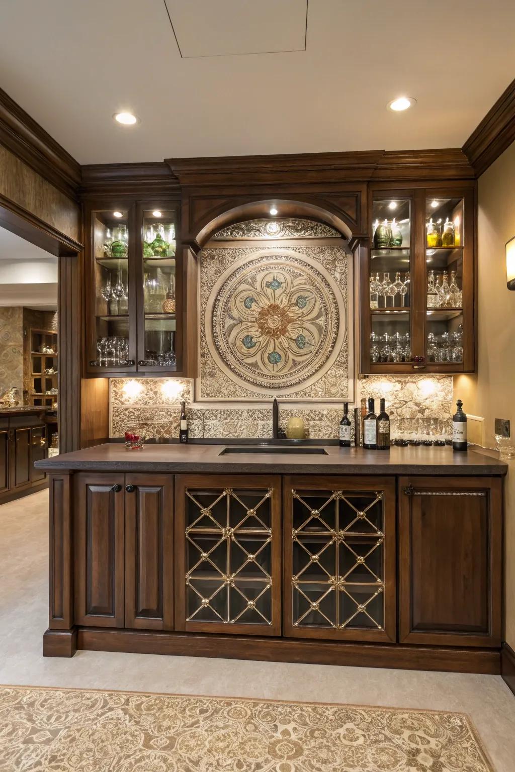 A home bar with an ornamental medallion tile backsplash in an elegant design.