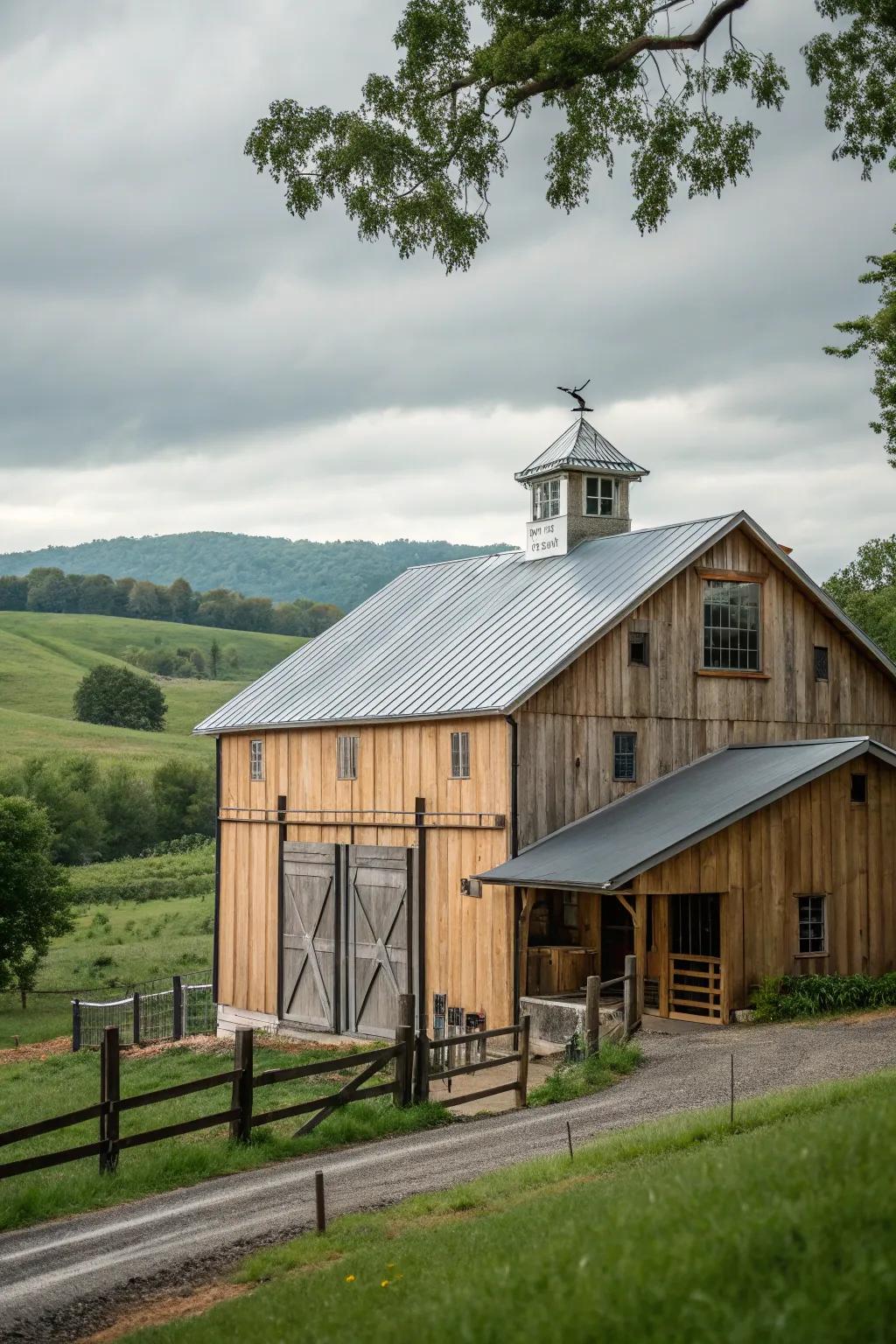 Hybrid barns blending elements of the old and new in innovative manners.