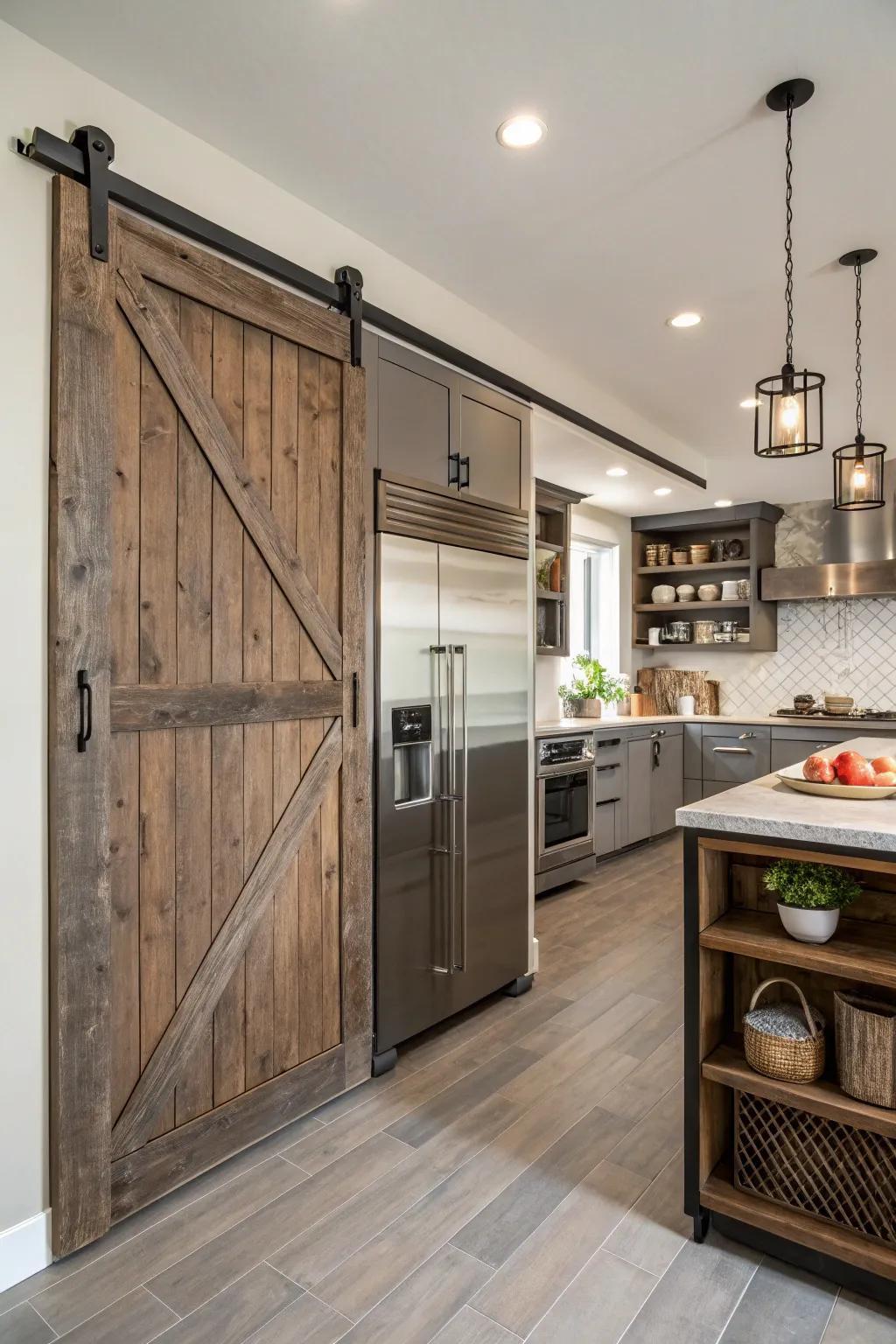 A kitchen featuring a sliding barn door pantry, created from repurposed resources.