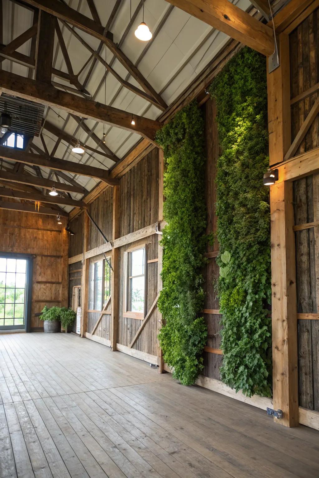 A barn loft rejuvenated by a vertical garden feature, merging nature with design.