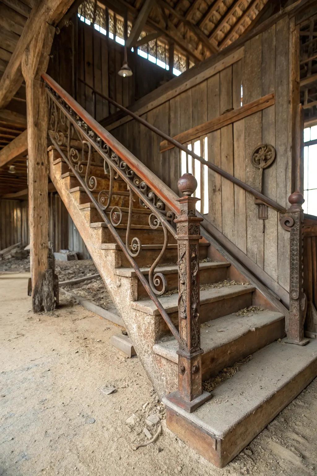 Vintage hardware adds historical charm to barn stairs.
