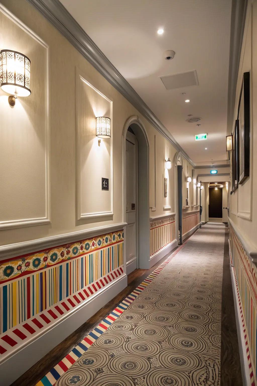 Passageway showcasing creative painted mosaic baseboard trim.