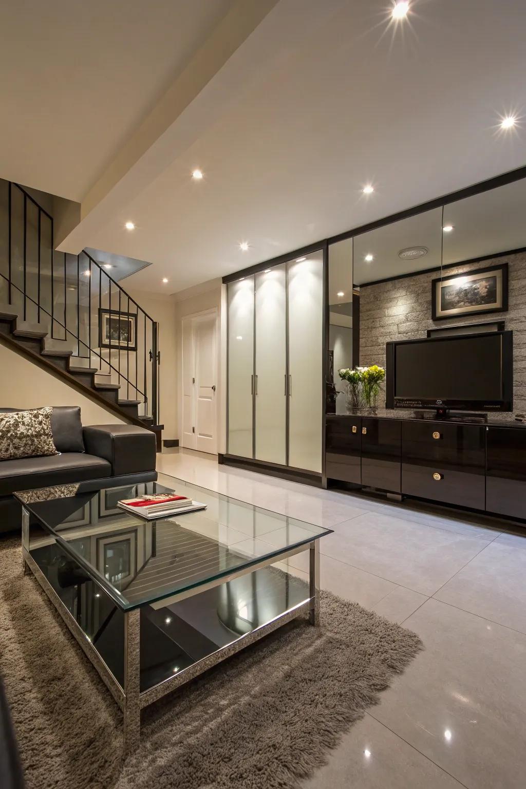Reflective surfaces enhance light and elegance.