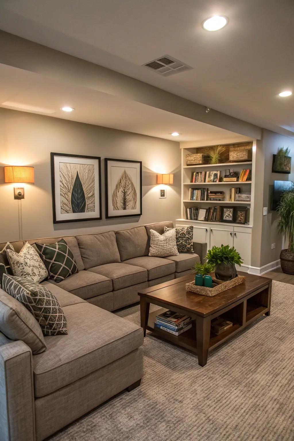 Multi-use furniture enhances the versatility of this basement space.