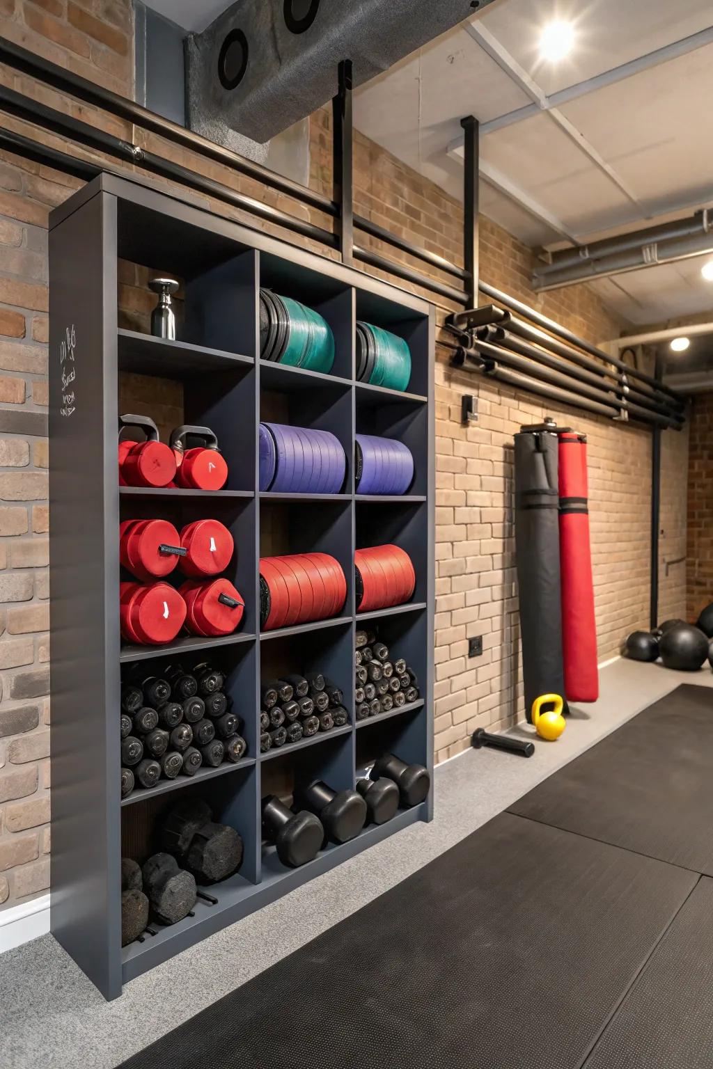 Inventive wall storage maintains an organized and accessible gym.