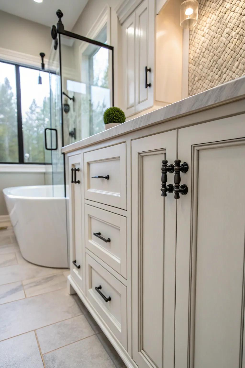 Unique hardware may instantly refresh your bathroom storage units.
